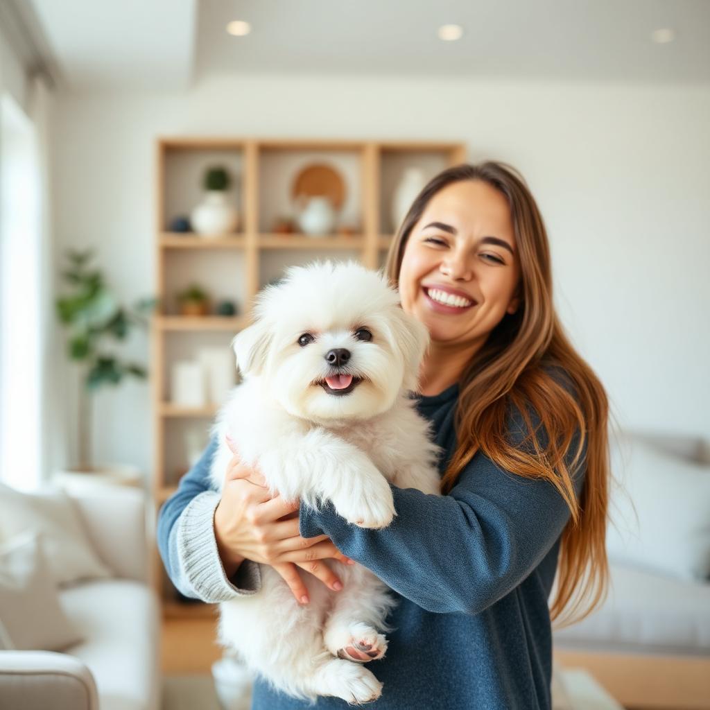 Dueña feliz con su perro limpio en casa